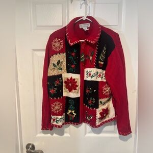 Vintage Red Zip-Up Holiday Cardigan